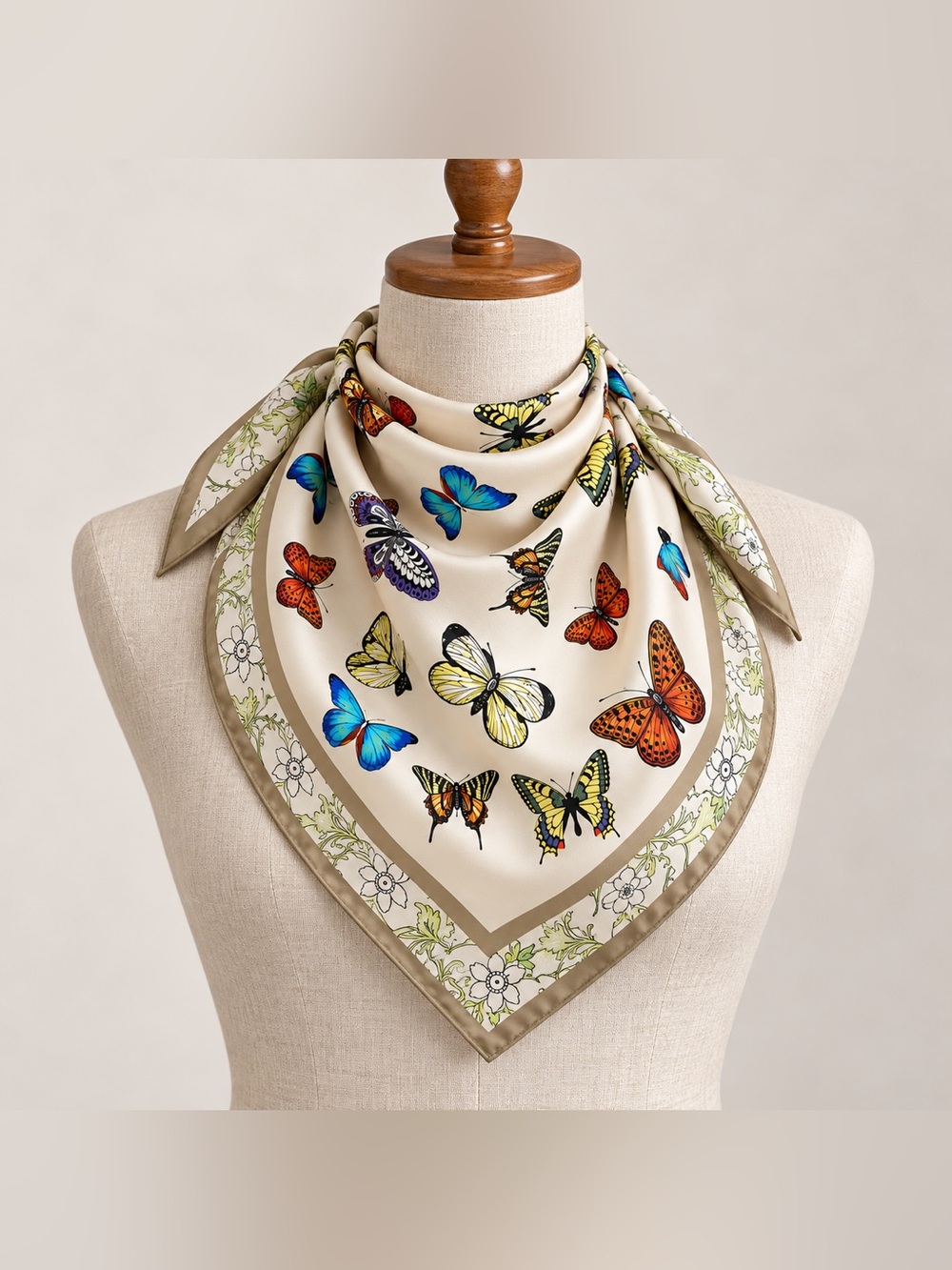 Butterfly Print Square Scarf Cream Floral Border Colorful